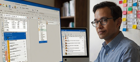 A professional using Microsoft Outlook on a computer, with a well-organised inbox, calendar, and email folders visible.