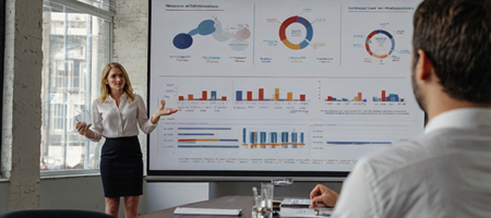 A business professional delivering a PowerPoint presentation, with visually appealing slides and charts displayed on a large screen.