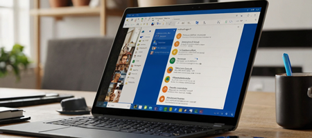 A professional accessing Microsoft OneDrive on a laptop and mobile device, with file-sharing and cloud storage icons visible.