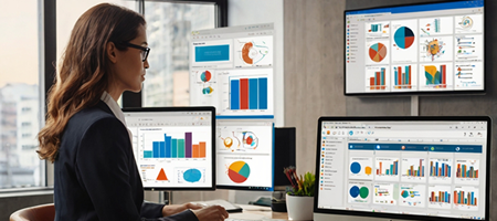 A business professional using Microsoft Power Automate, with workflow automation diagrams and task automation icons displayed.