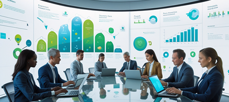 A futuristic business environment with professionals using digital tools and technology, symbolising growth, learning, and innovation.